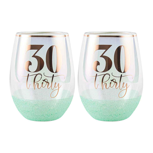 2PK Glitter 30th Stemless Wine Glass Green 600ml Drinking Cup