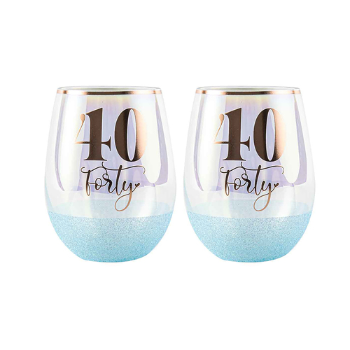 2PK Glitter 40th Stemless Wine Glass Blue 600ml Drinking Cup