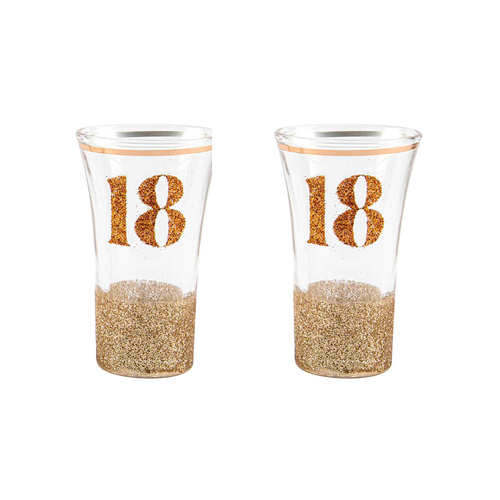 2x 18th Glitterati Shot Glass Pink 9cm Drinking Cups Novelty Print