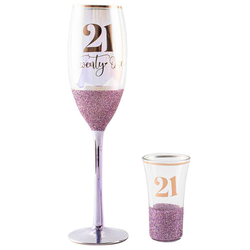 Purple Champagne & Shot 21st Stemmed Drinking Glass Set 150ml