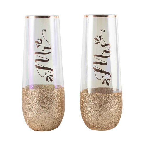 2pc Mr & Mrs Stemless Champagne Glass Drinking Cup 17cm