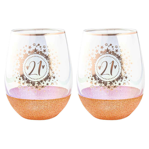 2PK Birthday 21st Glitter Stemless Wine Glass Rose Gold 600ml