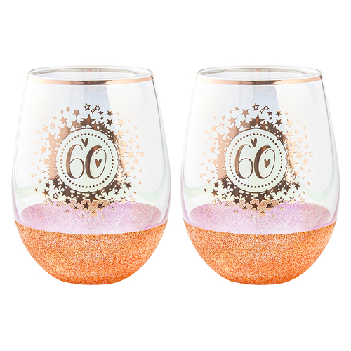 2PK Birthday 60th Glitter Stemless Wine Glass Rose Gold 600ml