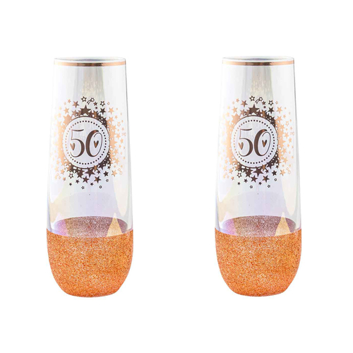 2PK Rose Gold Glitter 50th Birthday Stemless Champagne Glass 16cm 180ml