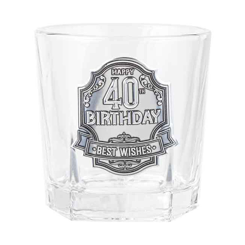 40th Badge Whisky Drinking Glass Birthday Gift Clear 260ml