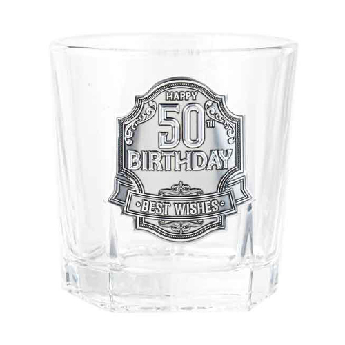 50th Badge Whisky Drinking Glass Birthday Gift Clear 260ml