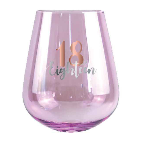 18th Birthday 13cm/600ml Stemless Wine Glass w/ Rose Gold Decal