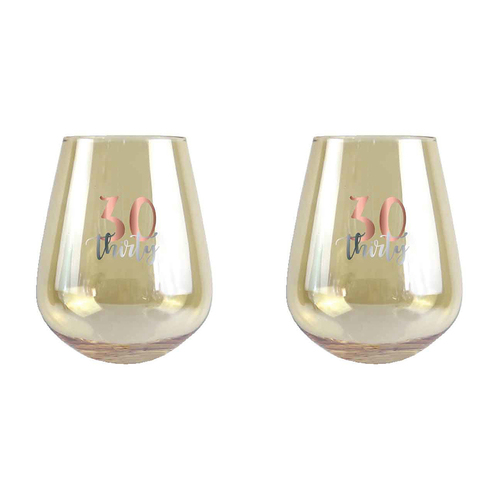 2PK 30th Birthday 13cm/600ml Stemless Wine Glass w/ Rose Gold Decal