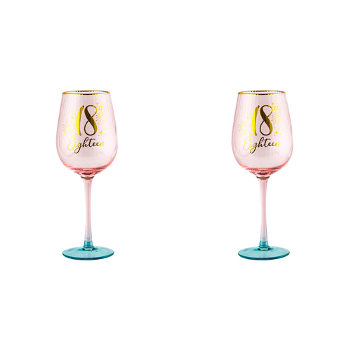 2PK 18th Birthday 400ml Fluted Wine Glass Stemmed Drinkware - Pink