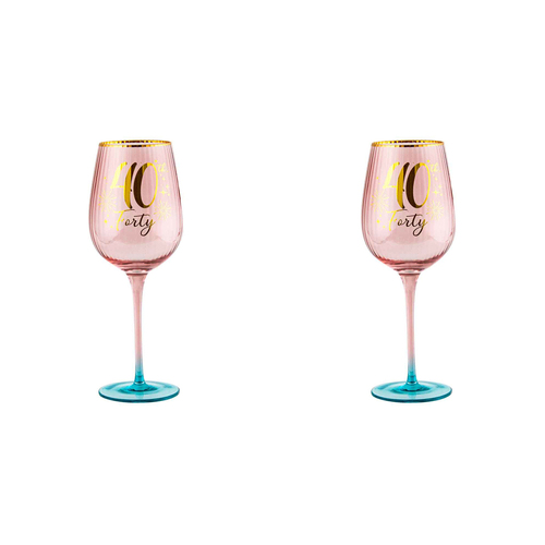 2PK 40th Birthday 400ml Fluted Wine Glass Stemmed Drinkware - Pink