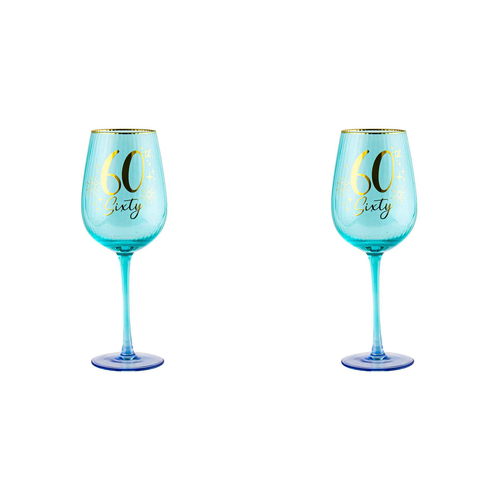 2PK 60th Birthday 400ml Fluted Wine Glass Stemmed Drinkware - Blue