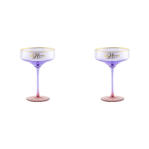 2PK 21st Birthday 300ml Fluted Coupe Glass Stemmed Drinkware - Purple
