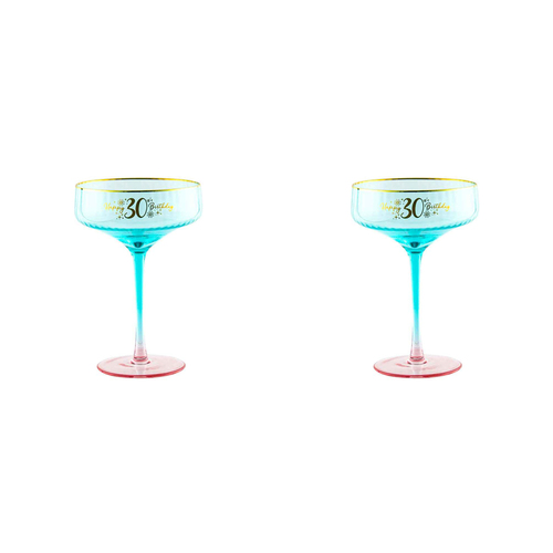 2PK 30th Birthday 300ml Fluted Coupe Glass Stemmed Drinkware - Blue