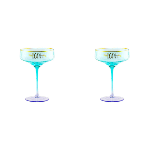 2PK 60th Birthday 300ml Fluted Coupe Glass Stemmed Drinkware - Blue