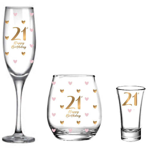 3pc LMD 21st Birthday Champagne Glass/Stemless/Shot Glasses Set - Clear