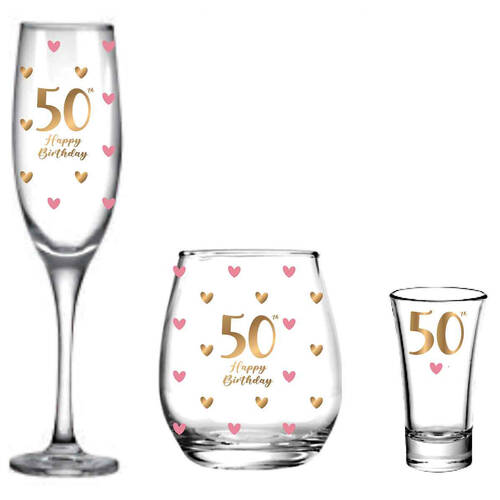 3pc LMD 50th Birthday Champagne Glass/Stemless/Shot Glasses Set - Clear