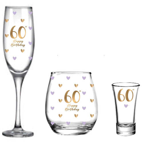 3pc LMD 60th Birthday Champagne Glass/Stemless/Shot Glasses Set - Clear