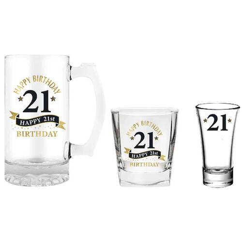 3pc LMD 21st Birthday Stein/Whisky/Shot Drinkware Glasses Set - Clear
