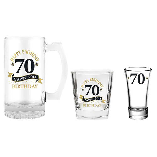 3pc LMD 70th Birthday Stein/Whisky/Shot Drinkware Glasses Set - Clear