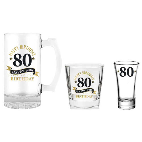 3pc LMD 80th Birthday Stein/Whisky/Shot Drinkware Glasses Set - Clear