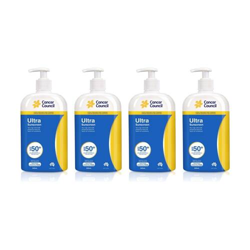 4x Cancer Council Ultra Sunscreen UV SPF50+ Water Resistant Sun Protection 500ml