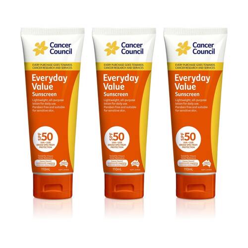 3PK Cancer Council Everyday Value Sunscreen SPF50 Sun Care 110ml Sensitive Skin