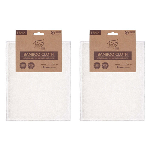 2x 3PK Eco Basics Plant-Based Natural Bamboo Cleaning Cloth White