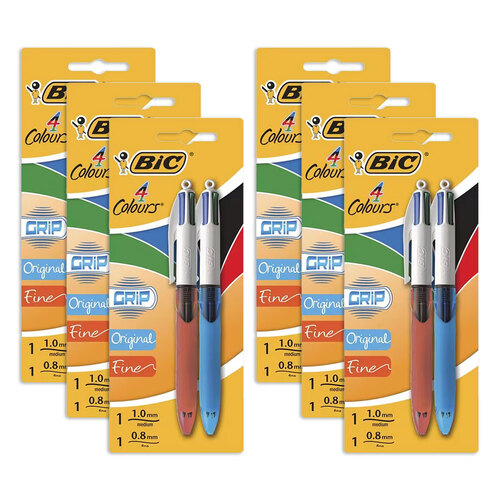 6x 2pc Bic 4 Colour Grip Writing Pens 1.0mm/0.8mm