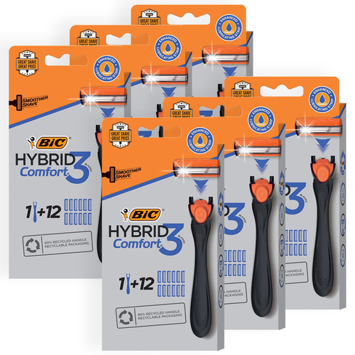 6x 13pc Bic Men's Hybrid Comfort 3 Reusable Triple Blade Razor 