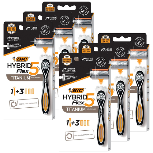 6PK Bic Hybrid Flex 5 Reusable Razor Set W/3 Titanium 5 Blades
