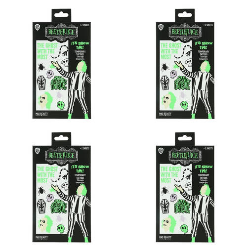 4x 2pc Warner Bros Beetlejuice Temporary Body Tattoos Sheets Glow-in-the-Dark
