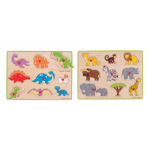 2x 9pc Bigjigs Toys 30cm Safari & Dinosaurs Lift Out Puzzle Toy Set 3y+