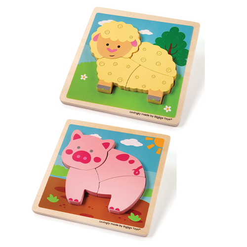 2x 4pc Bigjigs Toys 15cm Pig & Sheep Lift Out Puzzle Toy Set 10m+