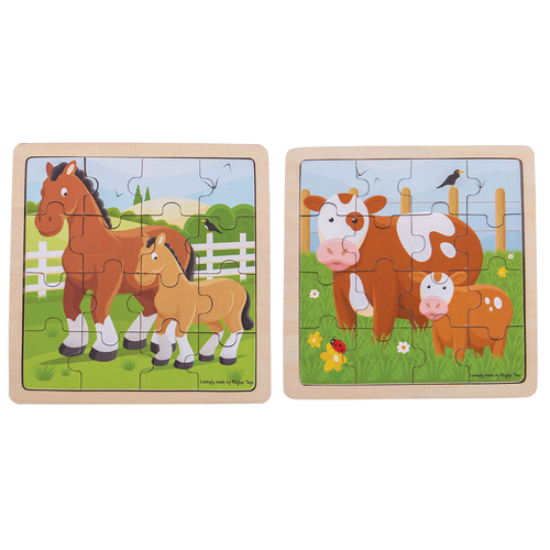 2x 16pc Bigjigs Toys 18cm Horse/Foal & Cow/Calf Puzzle Wooden Toy Set 2y+