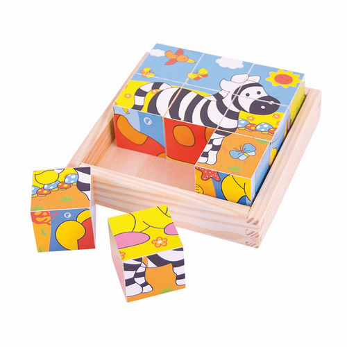 Bigjigs Toys 10.5cm Safari Cube Puzzle Kids Wooden Toy 18m+