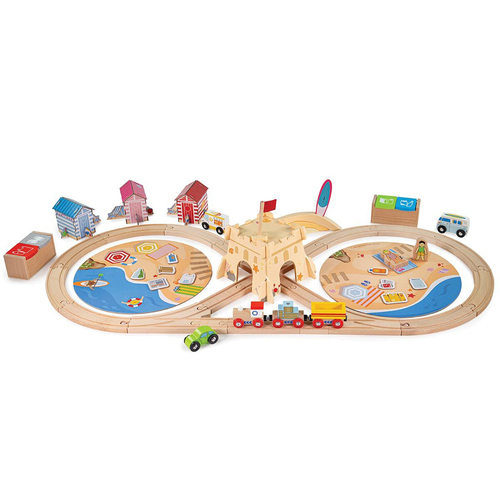 70pc Bigjigs Rail Coastal Clean Up Train Kids Wooden Toy Set 3y+