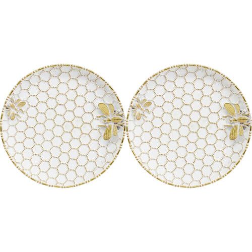 2PK LVD Resin Honeycomb Bee Round Trinket Dish Display Tray 14cm Gold/White