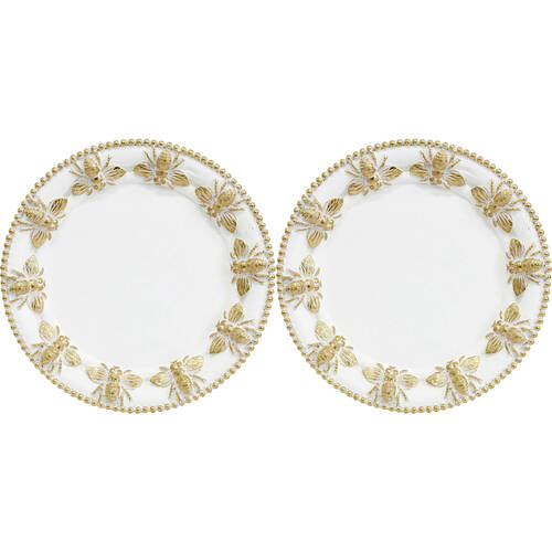 2PK LVD Resin Bumble Bee Border Round Trinket Dish Display Tray 14cm Gold/White