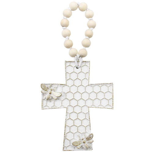 LVD Resin Cross Bee Honeycomb Decoration 11.8x1.5x14.5cm Off-White