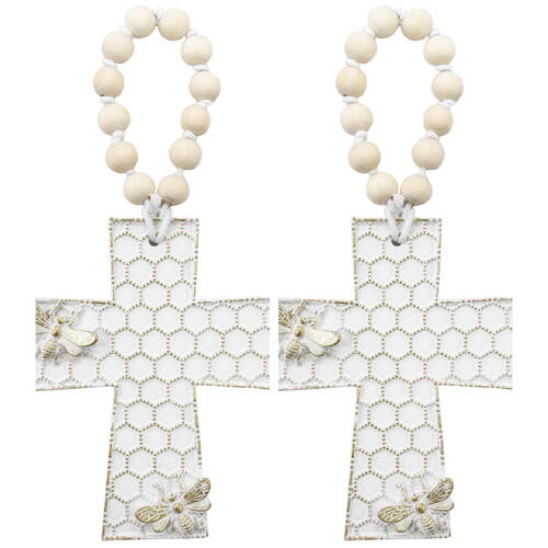 2PK LVD Resin Cross Bee Honeycomb Decoration 11.8x1.5x14.5cm Off-White
