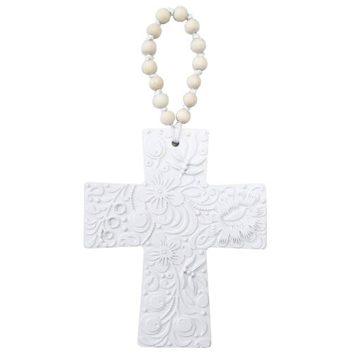 LVD Resin Hanging Cross Large Embossed Decoration 18x2.3x22.5cm White