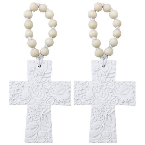 2PK LVD Resin Hanging Cross Embossed Decoration 11.5x.08x14.5cm Off-White