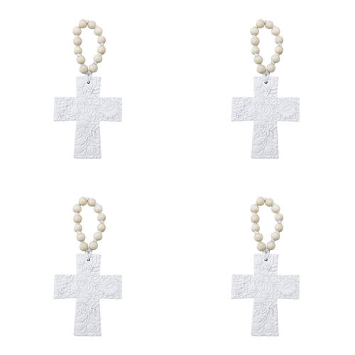 4PK LVD Resin Hanging Cross Embossed Decoration 11.5x.08x14.5cm Off-White