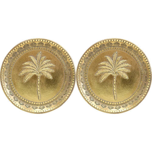 2PK LVD Resin Tropical Palm Tree Round Trinket Dish Display Tray 13.5cm Gold