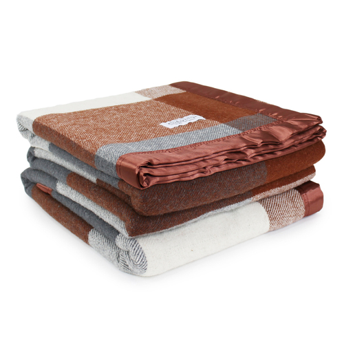 Onkaparinga Queen/King Bed Australian Wool Check Blanket - Terracotta