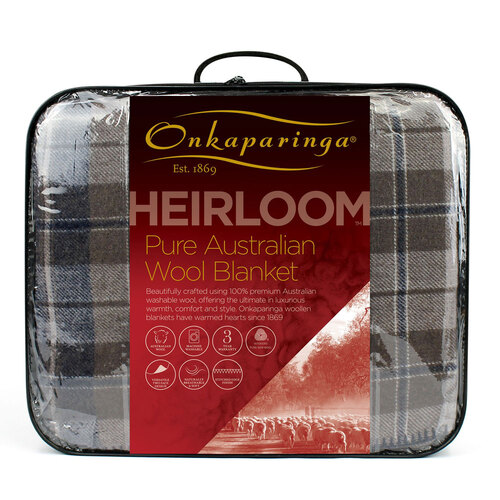 Onkaparinga Queen/King Bed Heirloom Blanket Australian Wool - Check