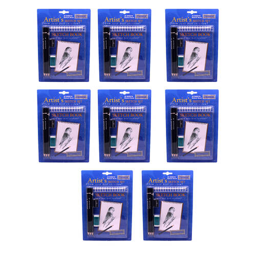 8PK BMS Gifts Small Sketch Book 20 Sheet w/6 HB Pencils 2B-4B Sharpener Eraser