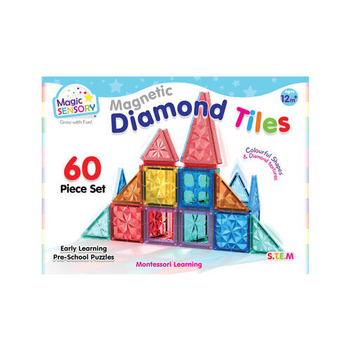60pc Magic Sensory Magnetic Diamond Tiles Textured Colourful STEM Set 3y+