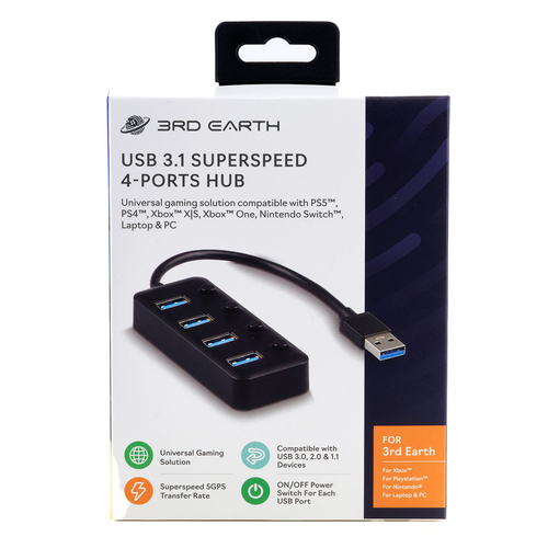 3rd Earth 4-Port Universal Superspeed 3.1 USB Gaming Hub - Black