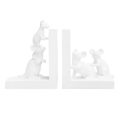 2pc White Moose 26x15cm Resin Mouse Bookend Set - White